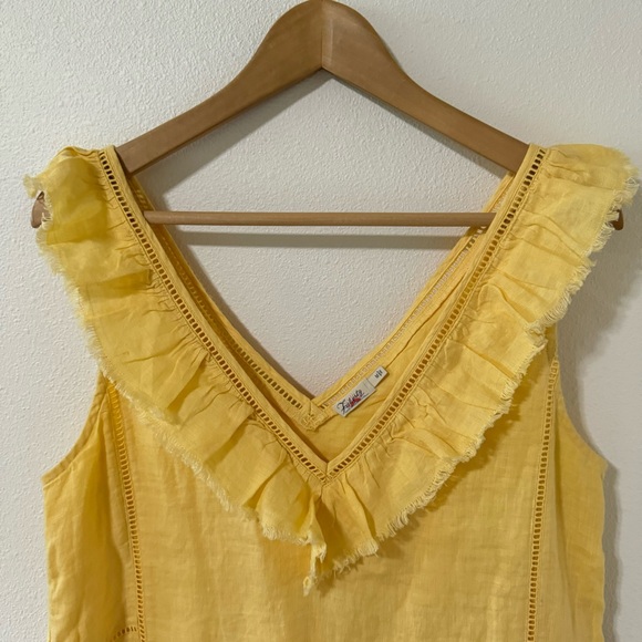 Faherty Ellis Linen Shift Dress Butter Yellow V Neck Lattice Lace Sleeveless-M - Picture 4 of 9